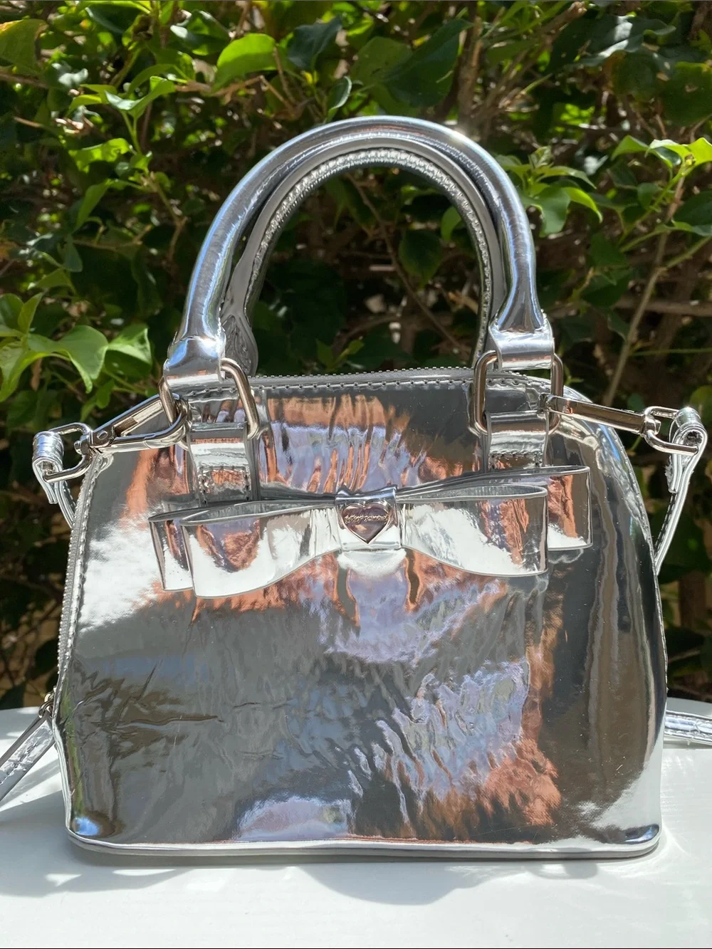 Betsy Johnson Silver Metallic Bow Accent Women's Handbag
